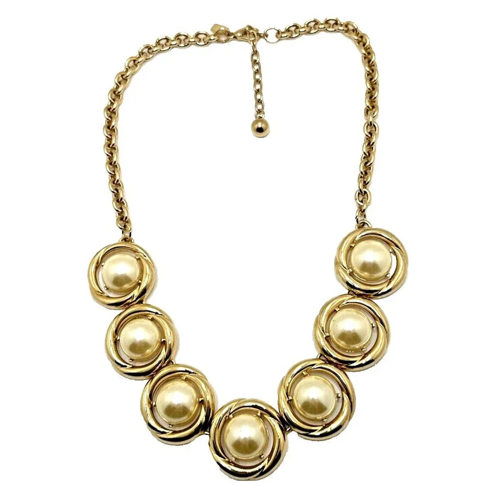 Lady Remington TRISH Faux Pearl Bib Necklace Gold Tone Statement Vintage 18-20